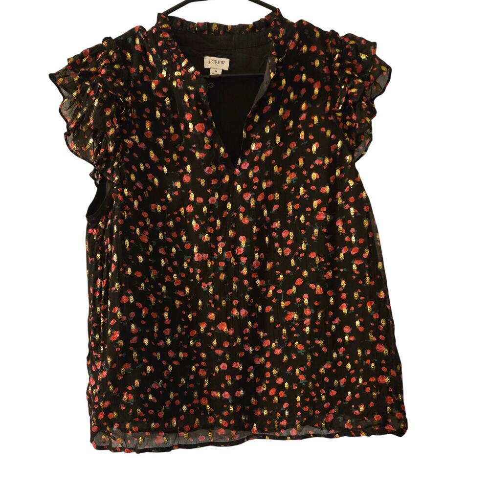 J.Crew Ruffleneck Flutter-Sleeve Top Red Black  Gold Key Hole Button Size Medium